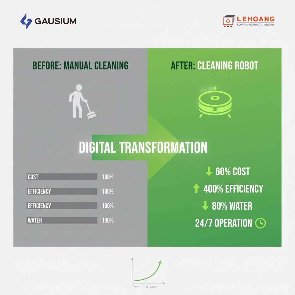 Infographic thể hiện lợi ích robot vệ sinh công nghiệp: tiết kiệm 60% chi phí, tăng 400% hiệu suất, giảm 80% nước và hoạt động 24/7