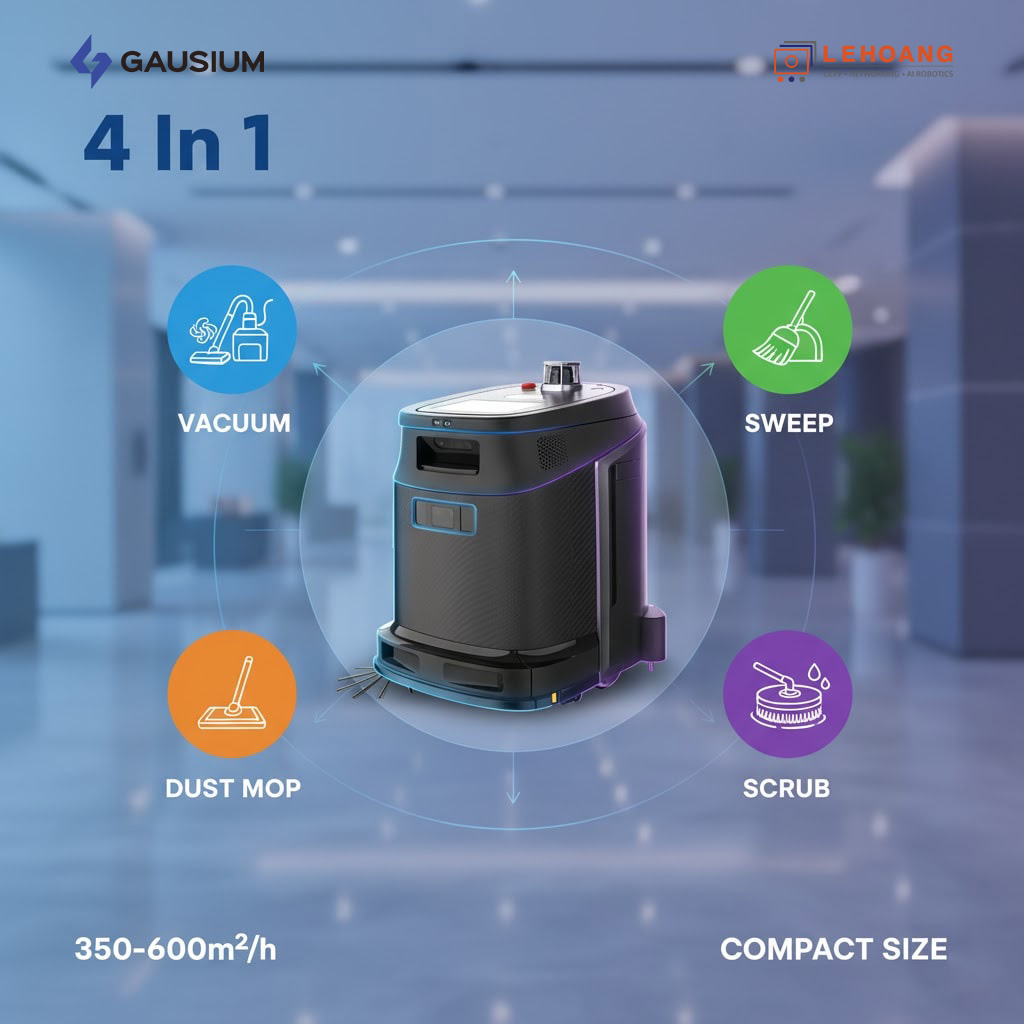 Robot Gausium Phantas S1 Pro M với 4 chế độ vệ sinh tích hợp - hút bụi, quét, lau và chà sàn cho văn phòng, khách sạn và cửa hàng