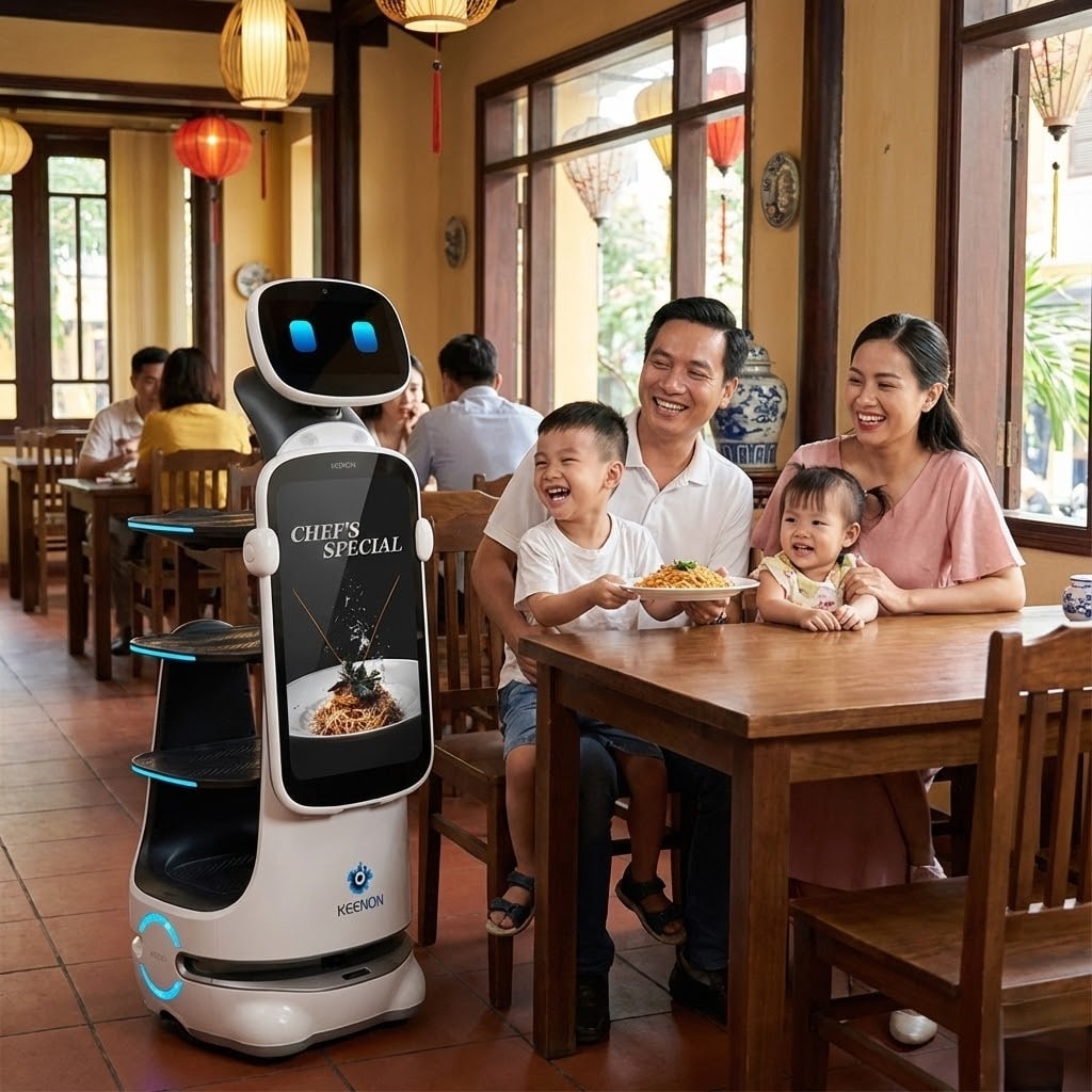 Khách hàng tương tác với robot Keenon tại nhà hàng