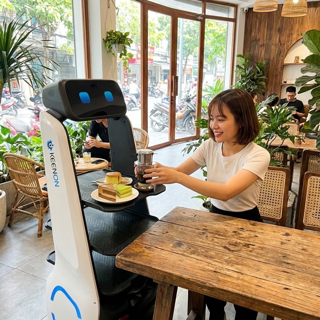 Robot Keenon T9 giao đồ ăn tại quán cafe Việt Nam