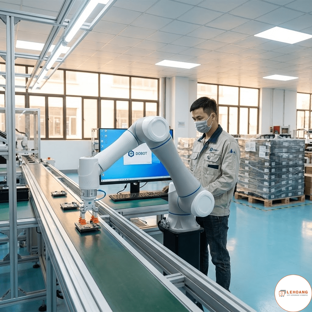 Robot Dobot CR Series đang hoạt động trong nhà máy sản xuất điện tử tại Việt Nam với công nhân giám sát