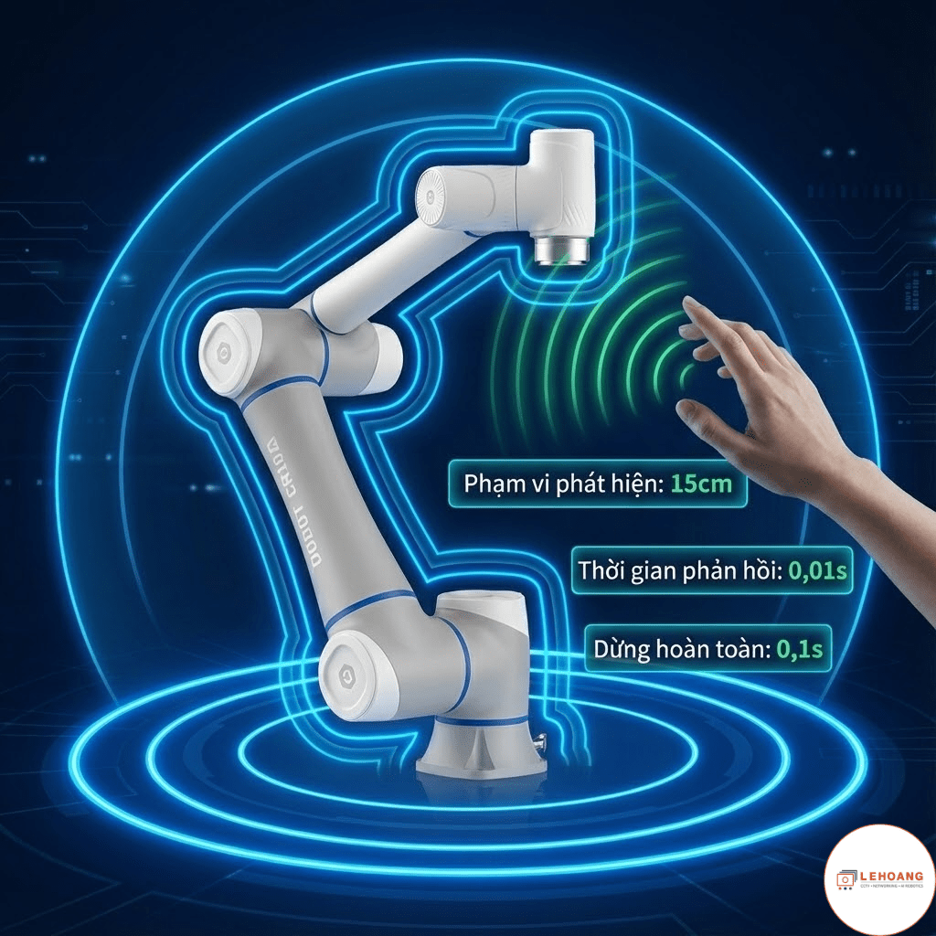 Công nghệ SafeSkin trên robot Dobot CR Series với vùng phát hiện va chạm 360 độ trong phạm vi 15cm