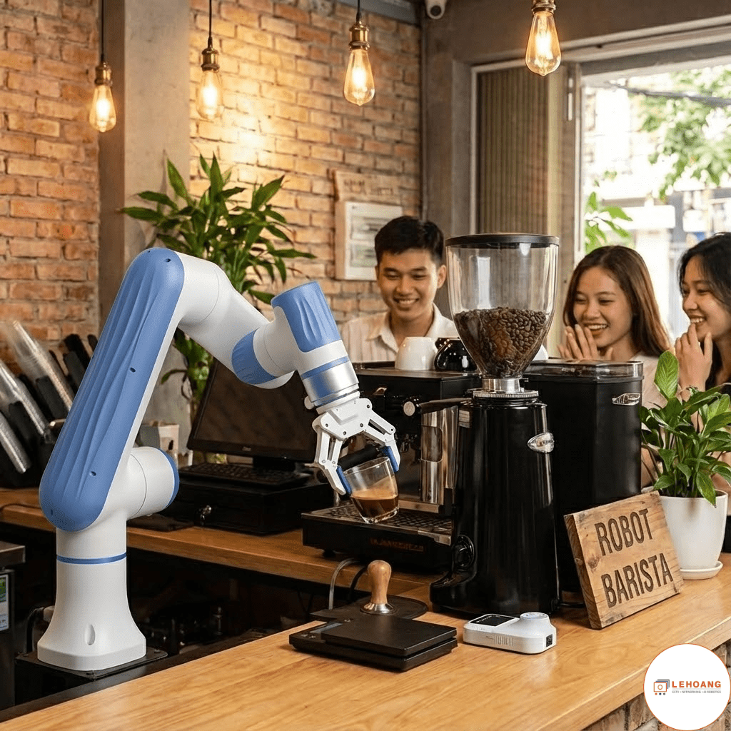 Robot Dobot Nova 2 làm barista tự động pha chế cà phê tại quán cà phê hiện đại ở Việt Nam