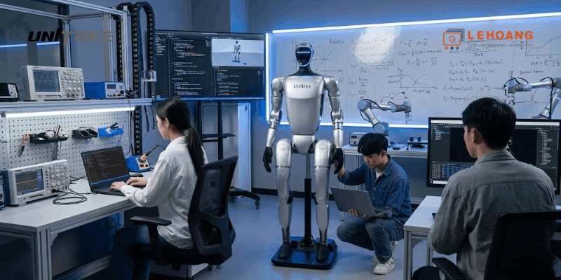 Robot hình người Unitree G1 trong phòng lab đại học - Giải pháp STEM cao cấp Lê Hoàng Robotics