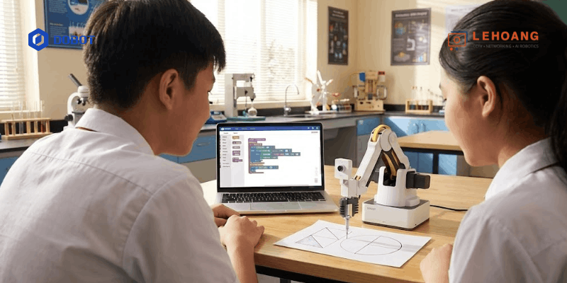 Học sinh thực hành lập trình robot DOBOT Magician - Thiết bị STEM chất lượng cao Lê Hoàng Robotics