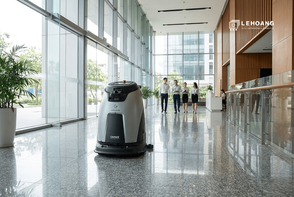 Robot vệ sinh công nghiệp Gausium hoạt động tự động trong tòa nhà văn phòng hiện đại tại Việt Nam