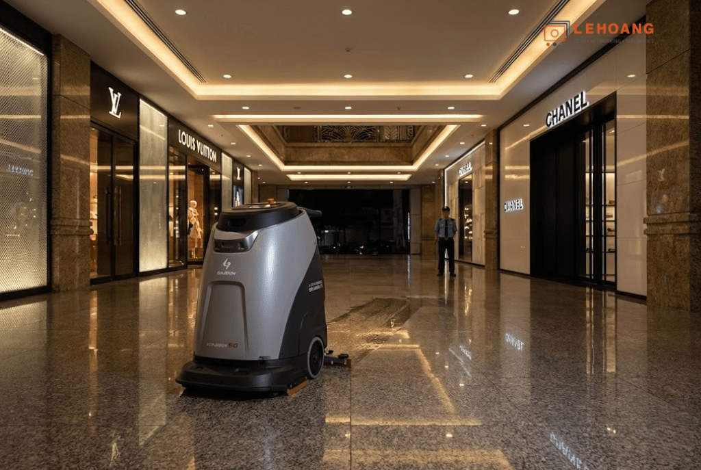 Robot vệ sinh Gausium hoạt động thực tế tại trung tâm thương mại Việt Nam tiết kiệm 60% chi phí