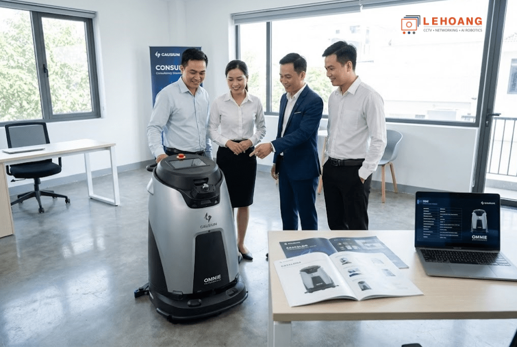 Chuyên gia Lê Hoàng Robotics tư vấn demo robot vệ sinh công nghiệp cho khách hàng doanh nghiệp Việt Nam