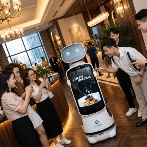 Robot Keenon Dinerbot T10 với màn hình quảng cáo 23.8 inch - Giải pháp marketing tự động
