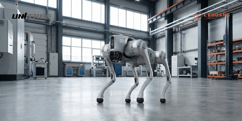  Robot chó Unitree Go2 đang hoạt động trong môi trường công nghiệp hiện đại với công nghệ AI tiên tiến