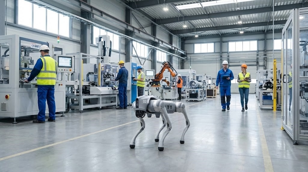 Robot 4 chân Unitree Go2 đang tuần tra trong khuôn viên nhà máy