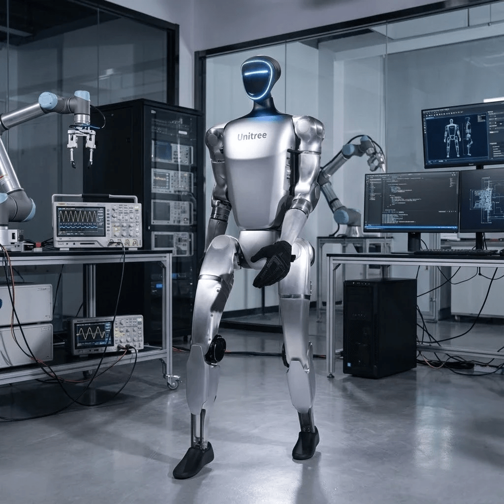 Robot hình người Unitree G1 đang thực hiện động tác linh hoạt trong phòng thí nghiệm