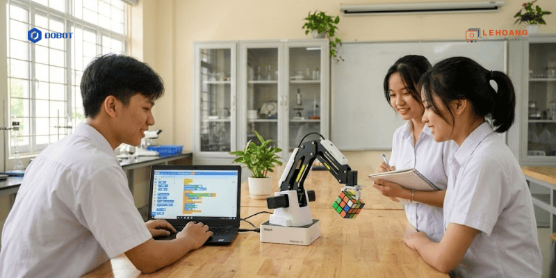 Robot cánh tay Dobot Magician Lite đang được học sinh sử dụng trong phòng thí nghiệm STEM tại trường học Việt Nam