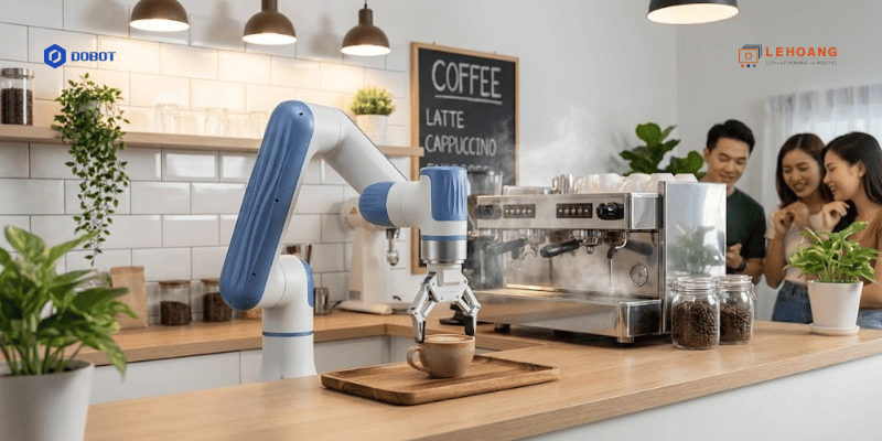 Robot Dobot Nova 2 làm barista tự động pha chế đồ uống tại cửa hàng cà phê hiện đại ở Việt Nam