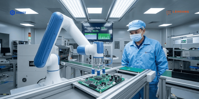 Robot cộng tác Dobot CR5AS đang hoạt động trong dây chuyền lắp ráp điện tử tại nhà máy Việt Nam