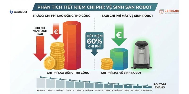 Biểu đồ so sánh chi phí vận hành giữa nhân công thủ công và robot lau sàn tự động