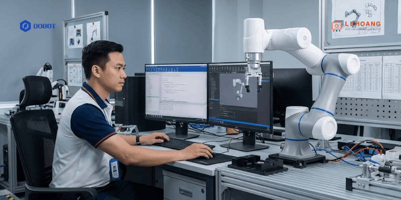 Kỹ sư Việt Nam đang lập trình robot Dobot MG400 trên phần mềm DobotStudio