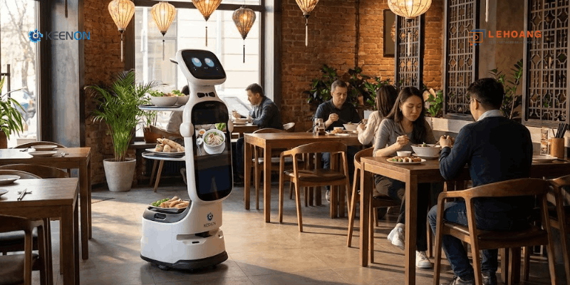 Robot phục vụ Keenon đang giao đồ ăn trong nhà hàng Việt Nam