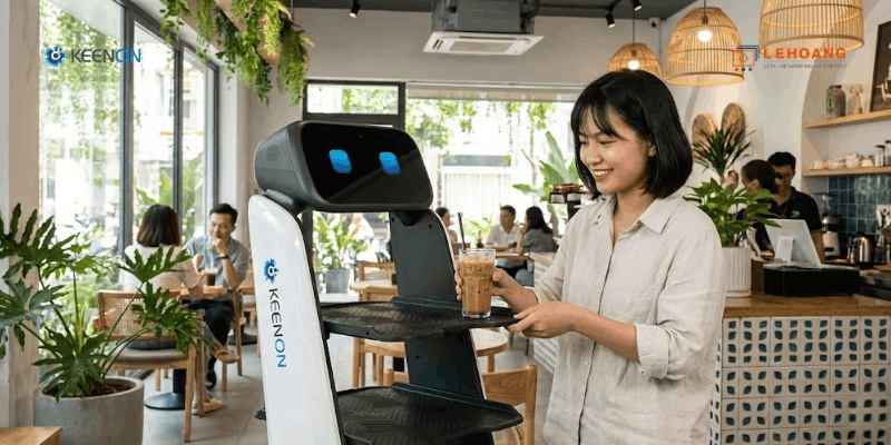 Robot phục vụ Keenon tương tác với khách hàng tại quán cà phê Việt Nam