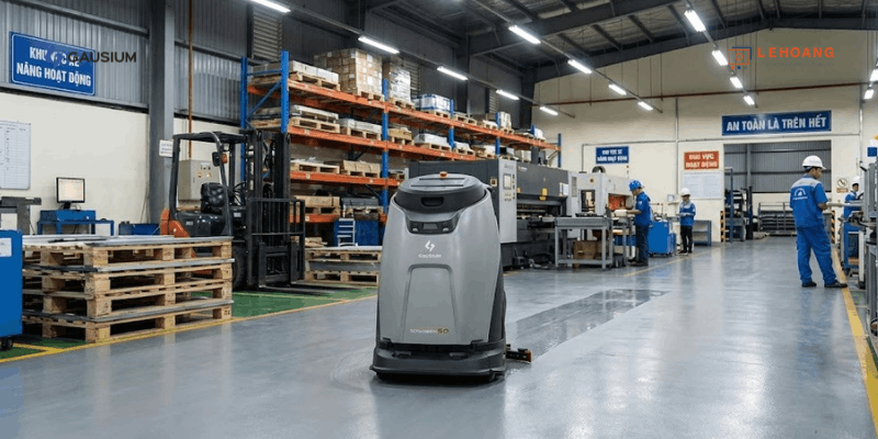 Robot vệ sinh tự động Gausium Scrubber 50 đang chà sàn nhà máy sản xuất với công nghệ AI điều hướng thông minh