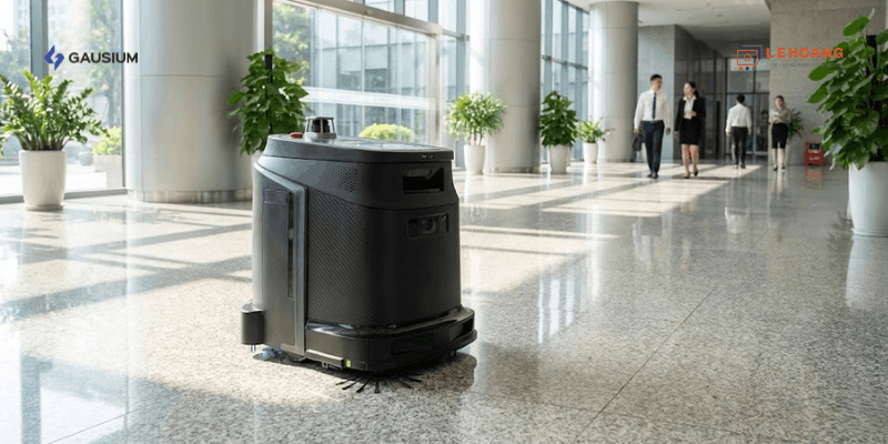 Robot vệ sinh tự động Gausium Phantas đang làm sạch sảnh tòa nhà văn phòng hiện đại tại Việt Nam