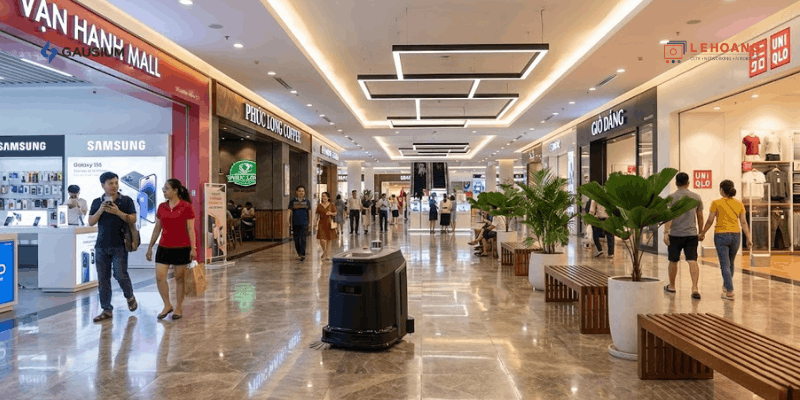 Robot vệ sinh tự động Gausium đang hoạt động tại khu vực sảnh trung tâm thương mại đông khách tại Việt Nam