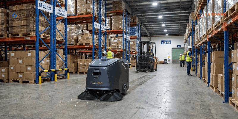  Robot vệ sinh công nghiệp Gausium Beetle đang quét dọn khu vực kho hàng logistics rộng lớn tại Việt Nam