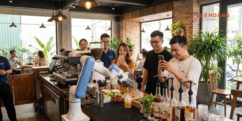  Robot DOBOT Nova 2 pha chế đồ uống trong quán cà phê