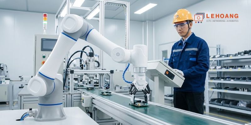 Robot cộng tác DOBOT CR5AS trên dây chuyền sản xuất công nghiệp.