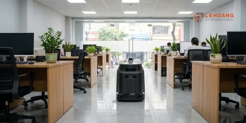 Robot Gausium Phantas đang lau sàn tự động trong không gian văn phòng làm việc hiện đại