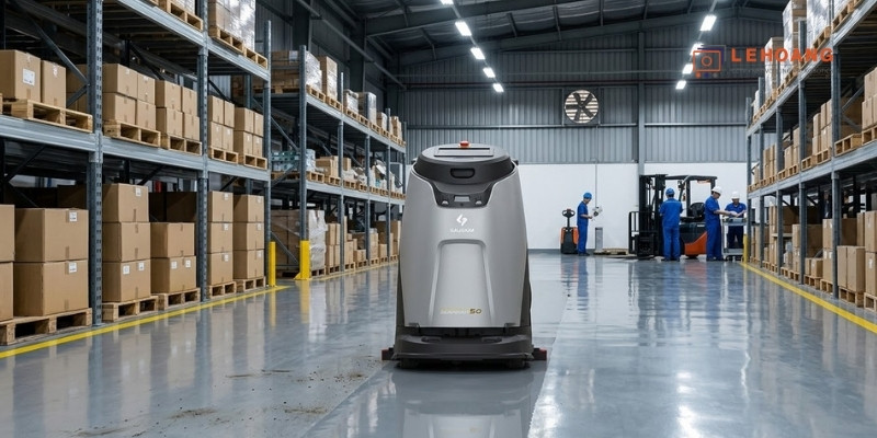 Robot Gausium Scrubber 50 đang chà sàn tự động trong nhà máy sản xuất công nghiệp