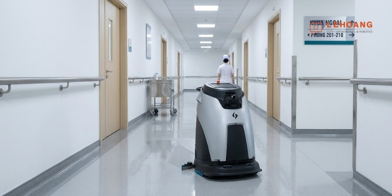 Robot vệ sinh Gausium Omnie hoạt động trong hành lang bệnh viện hiện đại đảm bảo tiêu chuẩn y tế