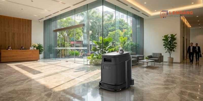 So sánh các dòng robot vệ sinh công nghiệp Gausium đang hoạt động trong sảnh tòa nhà văn phòng hiện đại tại Việt Nam