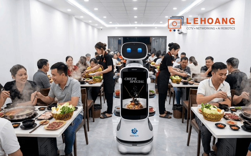 Robot giao đồ ăn KEENON Dinerbot T10 đang di chuyển phục vụ đồ ăn trong nhà hàng đông khách tại Việt Nam