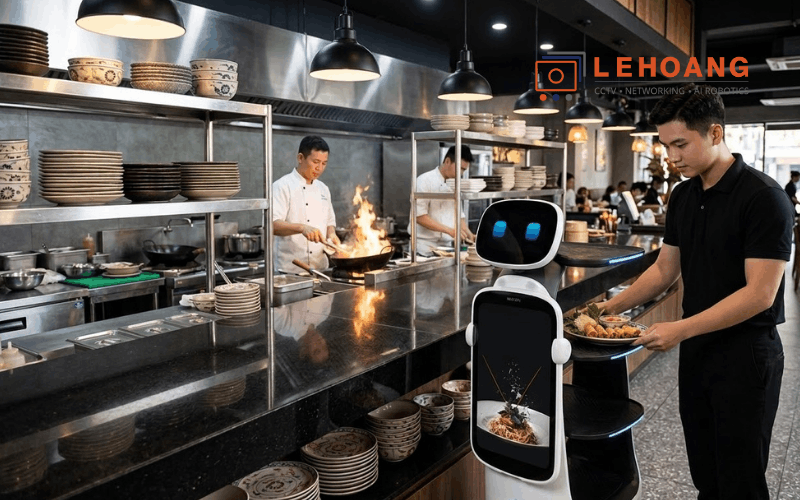 Robot phục vụ KEENON T10 đang hoạt động trong khu vực bếp phục vụ của nhà hàng hiện đại tại Việt Nam