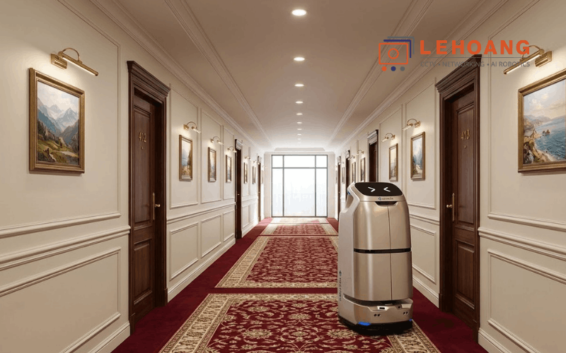 Robot giao hàng KEENON BUTLERBOT W3 đang di chuyển trong hành lang khách sạn để giao đồ đến phòng khách