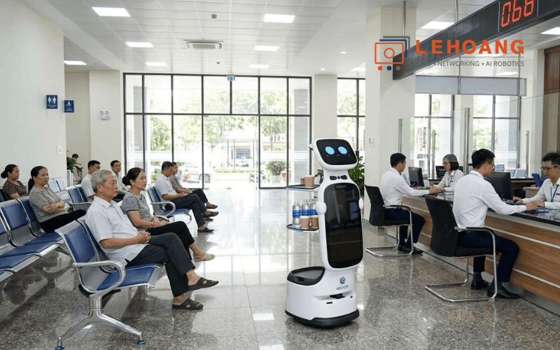  Robot KEENON T11 đang phục vụ nước uống cho người dân tại trung tâm hành chính công