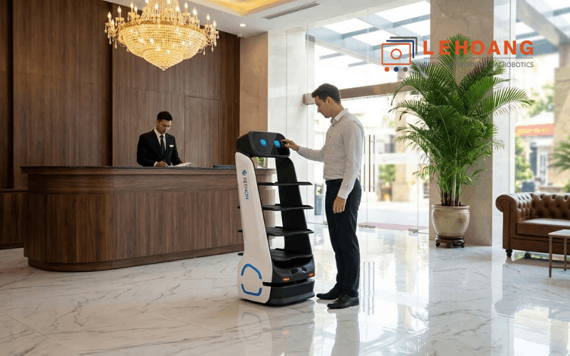 tiếp đón KEENON T9 đang hướng dẫn khách tại sảnh lễ tân khách sạn hiện đại