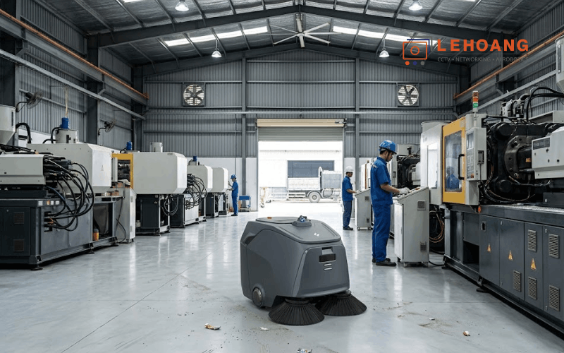 Robot Gausium Beetle quét bụi trong nhà xưởng công nghiệp