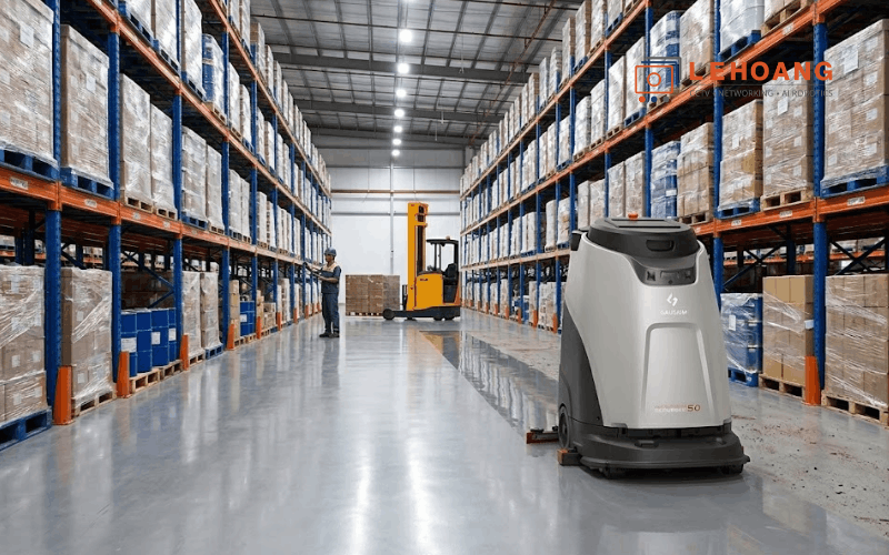 Robot Gausium Scrubber 50 chà sàn tự động trong kho hàng