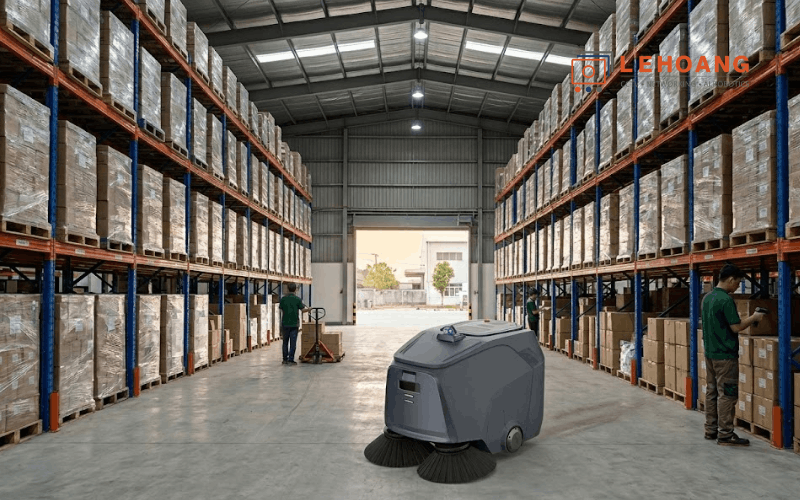 Robot vệ sinh đang hoạt động trong kho xưởng nhà máy sản xuất