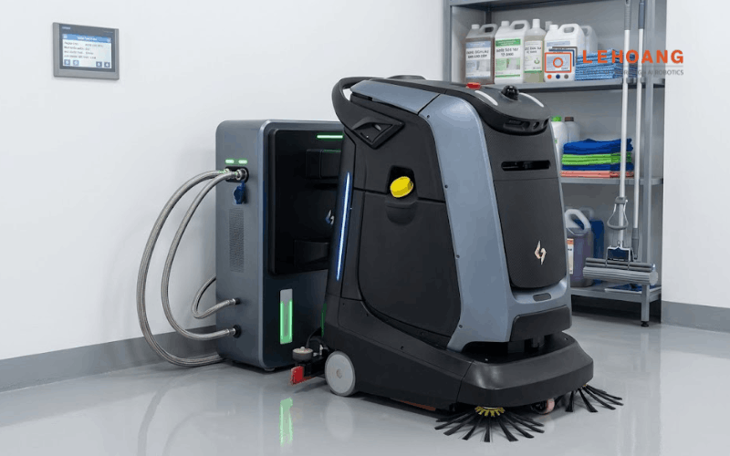 Robot Mira Gausium tại trạm docking tự động sạc và bảo trì bồn nước thải