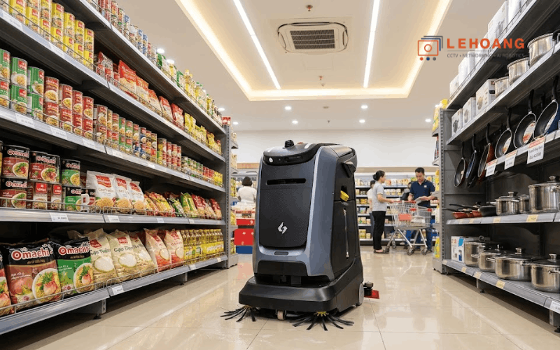 Robot Mira Gausium đang tự động vệ sinh sàn lối đi giữa các kệ hàng trong siêu thị hiện đại