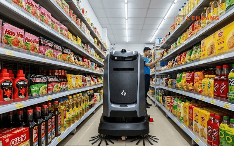 Robot vệ sinh Mira Gausium di chuyển linh hoạt qua lối đi hẹp giữa hai kệ hàng trong cửa hàng