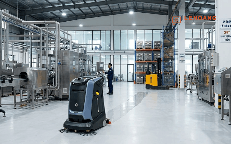 Robot vệ sinh Gausium Mira đang hoạt động tự động trong nhà máy sản xuất hiện đại