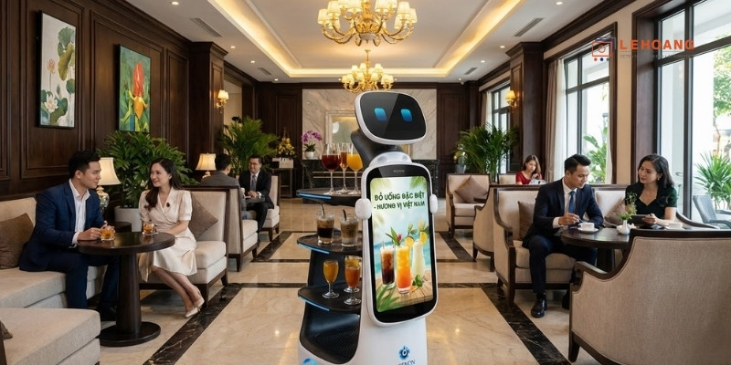 Robot KEENON Dinerbot T10 phục vụ đồ uống tại sảnh khách sạn sang trọng ở Việt Nam
