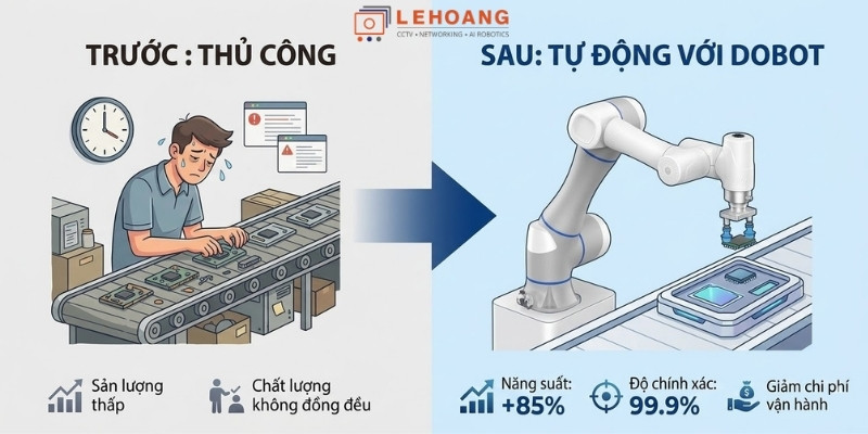 So sánh năng suất trước và sau khi triển khai robot DOBOT trong sản xuất
