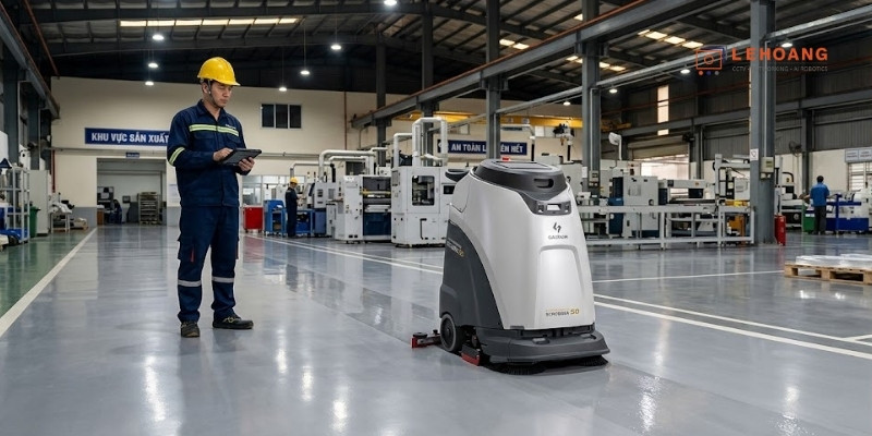 Gausium Scrubber 50 đang hoạt động tự động trong nhà xưởng công nghiệp tại Việt Nam