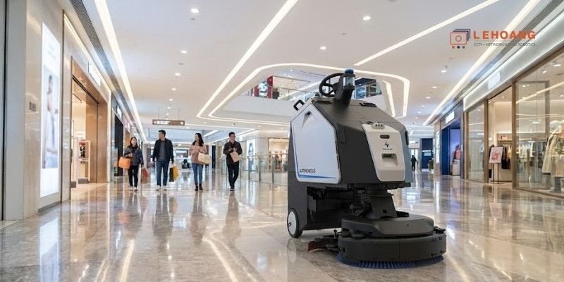 Robot Gausium Scrubber 75 vận hành tự động tại trung tâm thương mại rộng lớn