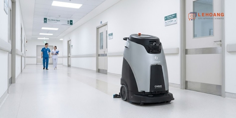  Gausium Omnie MD hoạt động tự động lau sàn khu vực bệnh viện hoặc sân bay